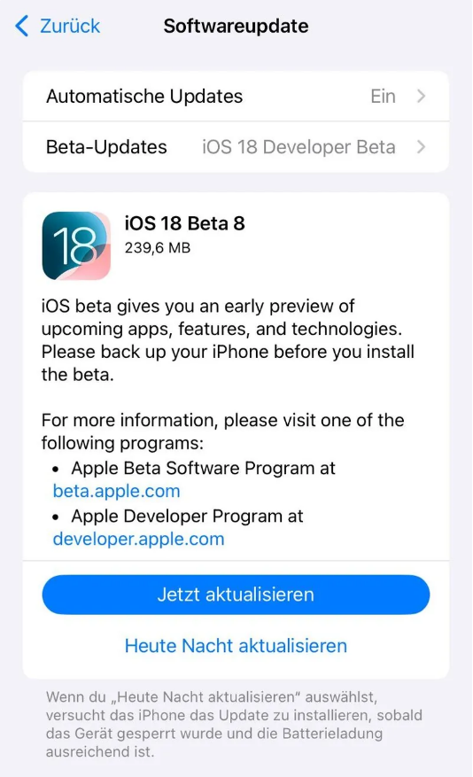 华龙苹果手机维修分享苹果 iOS / iPadOS 18 开发者预览版 Beta 8 发布 